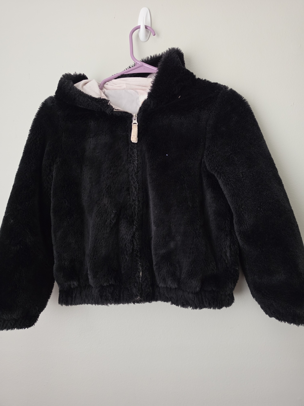 Cat & Jack Black Faux-Fur Hooded Puffer Jacket with Light Pink Lining